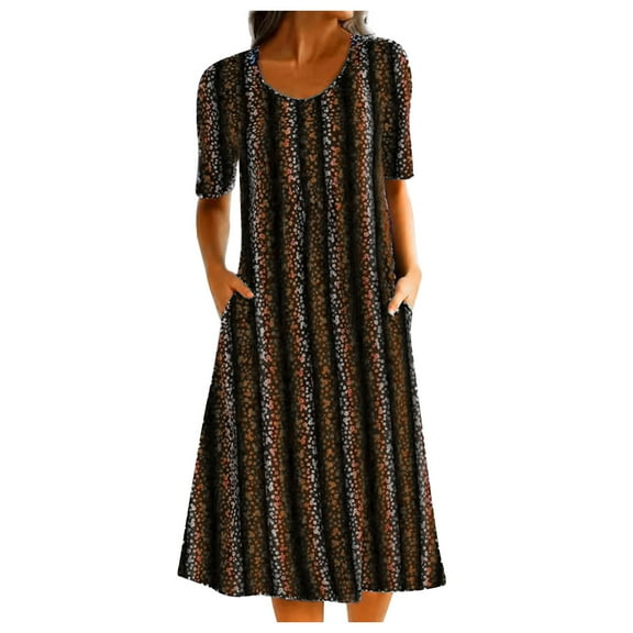 IROINNID Long Dress For Women Temperament Round-Neck Short Sleeve Print Casual Loose Pocket Dress Summer