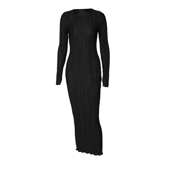 IROINNID Long Dress for Women Formal Wedding Guest Formal Dress Solid Color Round-Neck Long Sleeve Dress,Black