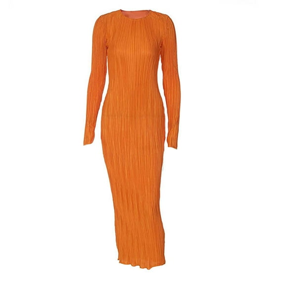IROINNID Long Dress for Women Formal Wedding Guest Formal Dress Solid Color Round-Neck Long Sleeve Dress,Orange