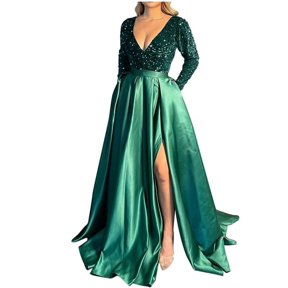 IROINNID Long Dress for Women Formal Wedding Guest Formal Dress Summer Hemline Satin Finish V Neck Long Sleeved Sequin Dress,Green