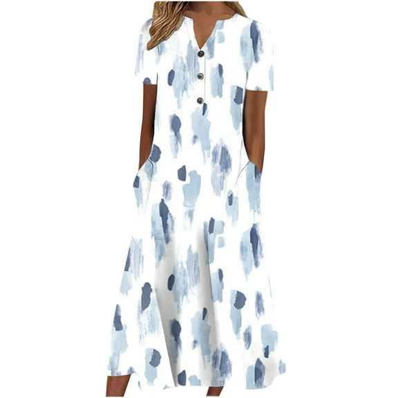 IROINNID Long Dresses For Women Casual Comfy V-Neck Buttons Short Sleeve With Pocket Printed Swing Maxi Dresses