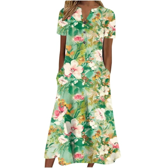 IROINNID Long Dresses For Women Casual Leisure V-Neck Buttons Short Sleeve With Pocket Printed Swing Maxi Dresses Summer Saving