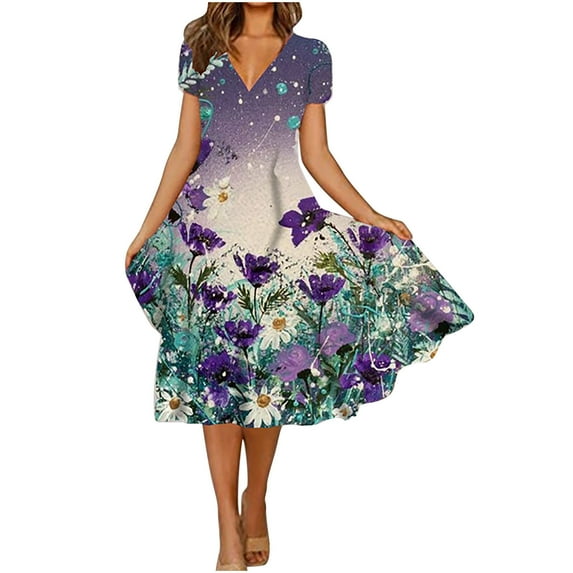 IROINNID Long Dresses For Women Loose Leisure Graphic Printed Short Sleeve V-neck Dress Cheap