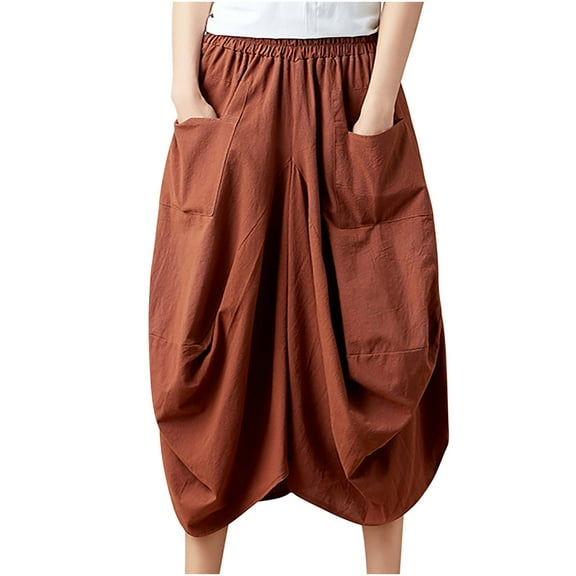 IROINNID Long Elastic Waist Skirt For Women Cotton Skirt Loose Large Lantern Skirt Solid Color Skirt