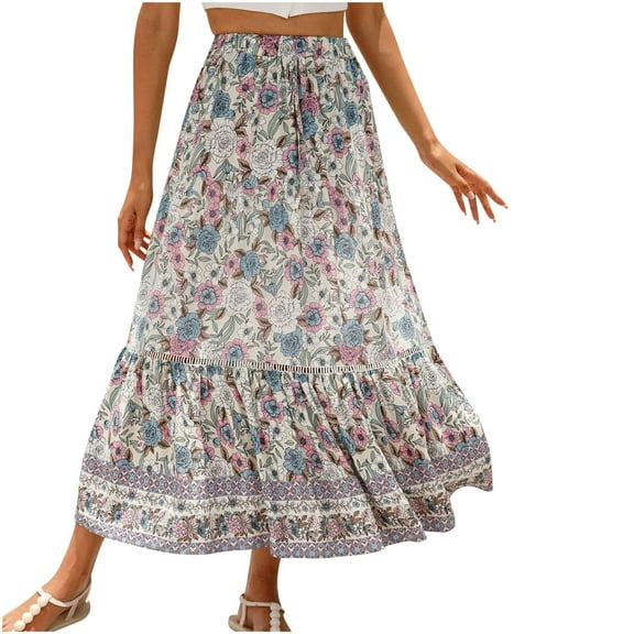 IROINNID Long Elastic Waist Skirt For Women Summer Fashion Skirt High Waist Swing A-Line Skirts Print Skirt