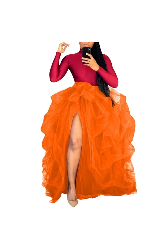 Long Empire Waist Skirt For Women Tulle Ruffle Floor Length Wedding Puffy Solid Color Skirt