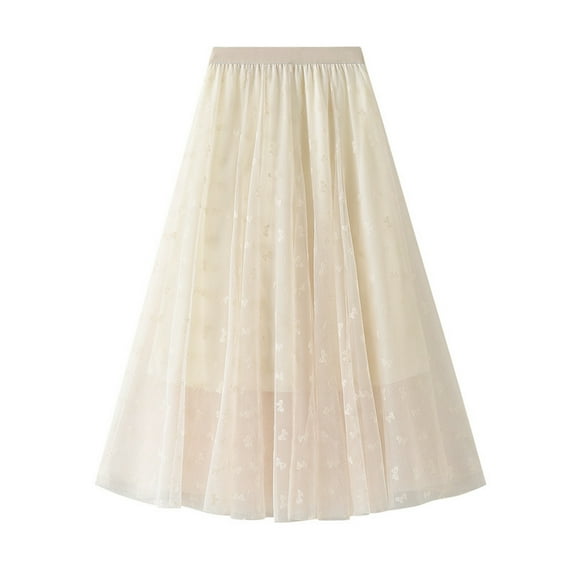IROINNID Long Empire Waist Skirt For Women Fashion Vintage Tulle Tutu Skirt Butterfly Flocking High Waist Mesh Pleated A-Line Swing Skirt Solid Color Skirt