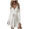 thumbnail image 1 of IROINNID Long Sleeve Dress for Women Wedding Guest Dresses Mid-Length Wrap Dress Fall and Winter New Slim Trendy Dress V-neck Bubble Sleeve Pleated Skirt,White, 1 of 6