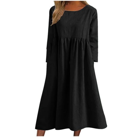 IROINNID Long Sleeve Dress for Women Color Long Sleeved Round Neck Dress with Pocket Discount,Black