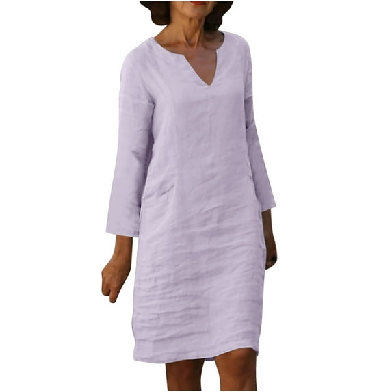 IROINNID Long Sleeve Dress for Women Cotton -Neck Long Solid Color with Pocket Sleeved Loose Dress ,Purple