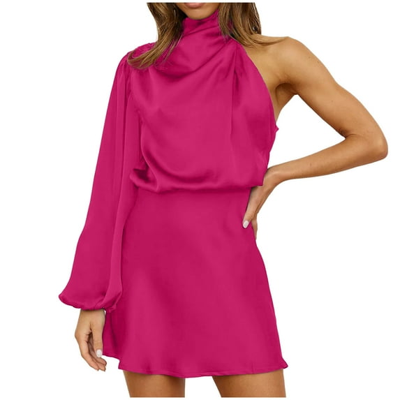 IROINNID Long Sleeve Dress for Women Dress Round Neck Long Sleeve One Shoulder Dress Long Dress Discount,Hot Pink