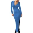 thumbnail image 1 of IROINNID Long Sleeve Dress for Women Fall Dress Full-Length Formal Dress Versatile Turndown Collar Solid Color Tight Fitting Cutout Dress,Blue, 1 of 8