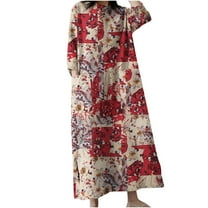 IROINNID Long Sleeve Dress for Women Fall Dress Full-Length Shift Dress Round-Neck Length Sleeve with Pocket Printed Dresses,Red