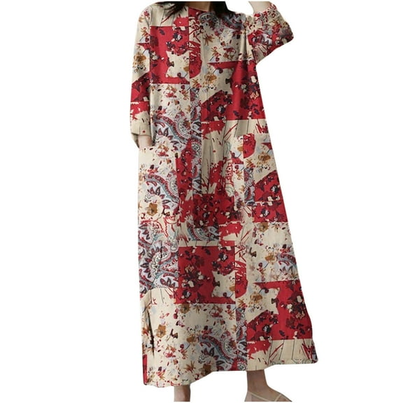 IROINNID Long Sleeve Dress for Women Fall Dress Full-Length Shift Dress Round-Neck Length Sleeve with Pocket Printed Dresses,Red