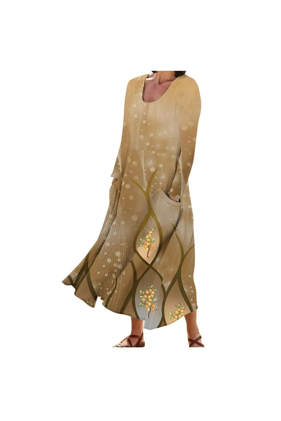Long Sleeve Dress for Women Fall Dress Full-Length Shift Dress Summer Print Long Sleeve Round Neck Dress with Pocket,Gold