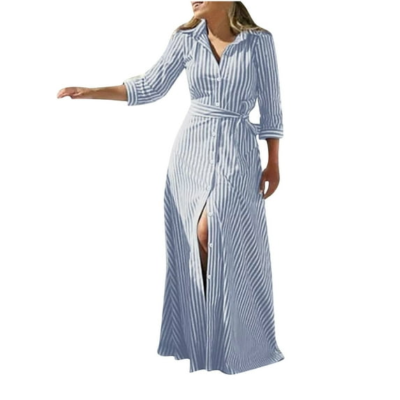 IROINNID Long Sleeve Dress for Women Fall Dress Full-Length Shirt Dress Bandage Fold Long Sleeve Causal Color Long Dress,Blue