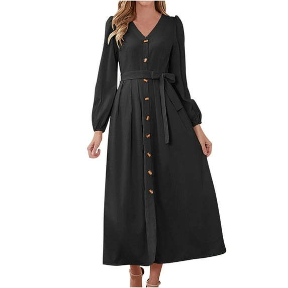 IROINNID Long Sleeve Dress for Women Fall Dress Full-Length Shirt Dress Vintage V Neck Long Sleeve Solid Dresses,Black