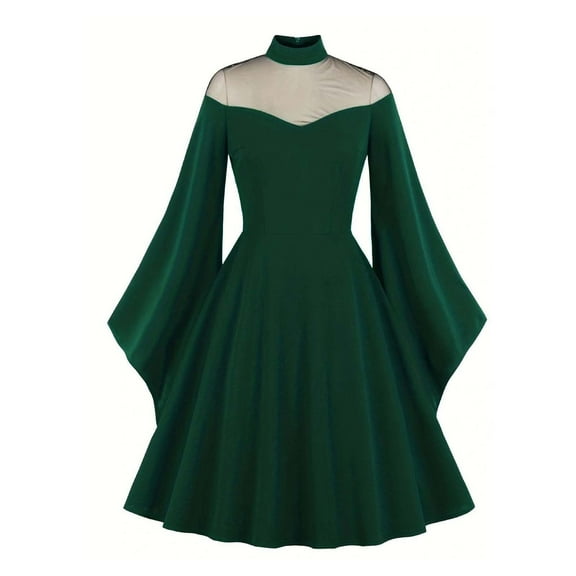 IROINNID Long Sleeve Dress for Women Hallow Dress Half High Collar Neck Solid Long Sleeve Dress ,Green