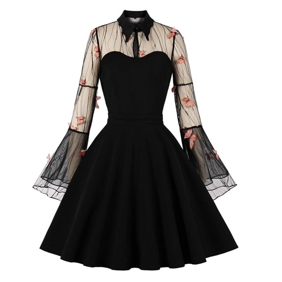 IROINNID Long Sleeve Dress for Women Halloween Gauze Embroidered Bell Sleeve Patchwork Vintage Dress,Orange