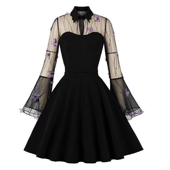 IROINNID Long Sleeve Dress for Women Halloween Gauze Embroidered Bell Sleeve Patchwork Vintage Dress,Purple