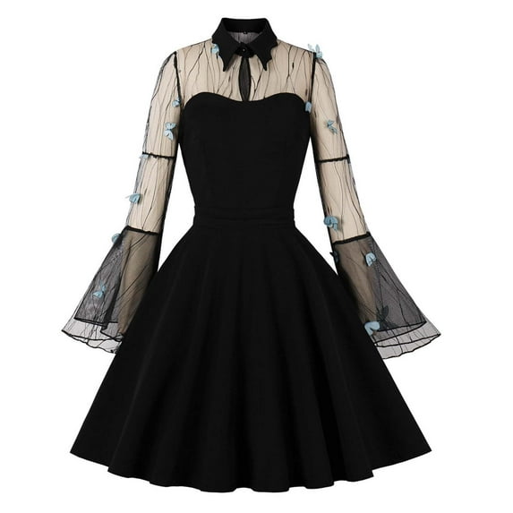 IROINNID Long Sleeve Dress for Women Halloween Gauze Embroidered Bell Sleeve Patchwork Vintage Dress,Sky Blue