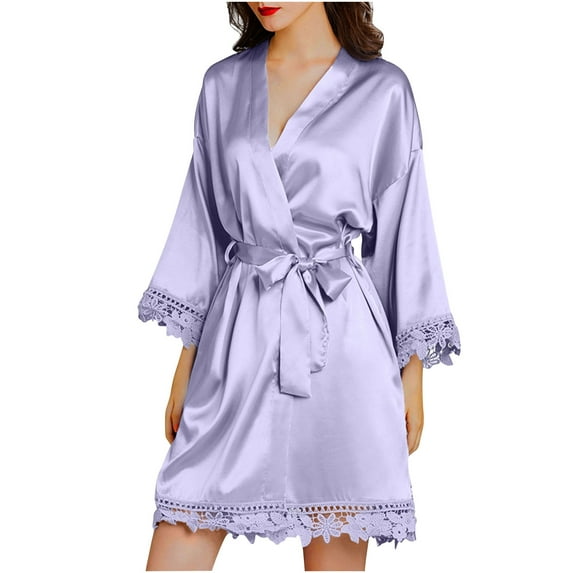IROINNID Long Sleeve Dress for Women Homewear Long-Sleeve V-Neck Dress Color Lace Night-Robe One Size,Purple