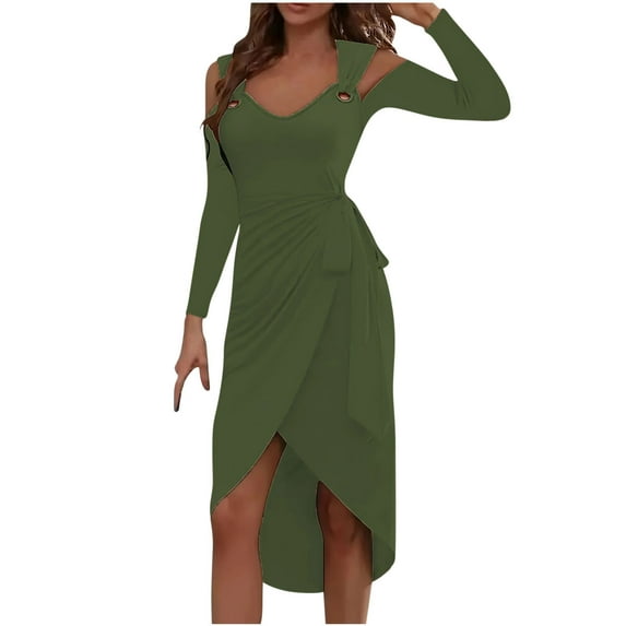 IROINNID Long Sleeve Dress for Women Knee-Length Asymmetrical Dress Solid Color Long Sleeve Round-Neck Tank Dress Dress,Green
