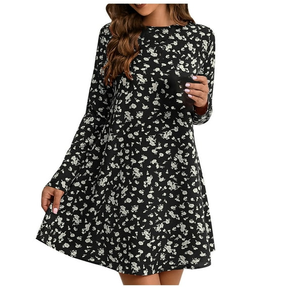IROINNID Long Sleeve Dress for Women Long Sleeve Dress Round-Neck Ladies Print Dresses,Black