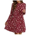 thumbnail image 1 of IROINNID Long Sleeve Dress for Women Long Sleeve Dress Round-Neck Ladies Print Dresses,Burgundy, 1 of 7