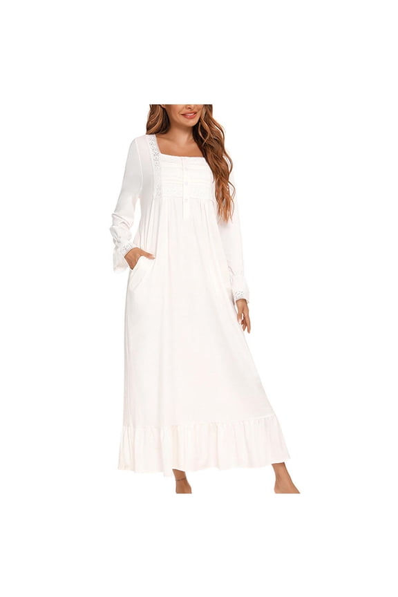 Long Sleeve Dress for Women Long Sleeve Dress Square-Neck Mid-Calf Leisure House Wear ,White