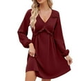 thumbnail image 1 of IROINNID Long Sleeve Dress for Women Long Sleeve Solid Color V-Neck Short Skirt Dress ,Burgundy, 1 of 6