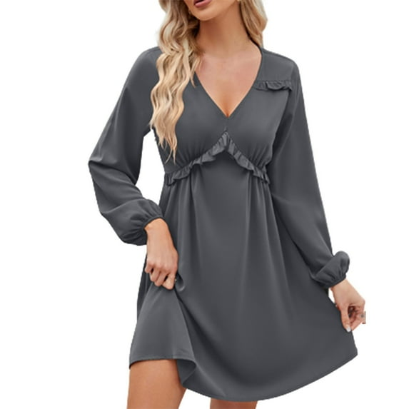 IROINNID Long Sleeve Dress for Women Long Sleeve Solid Color V-Neck Short Skirt Dress Deals,Gray