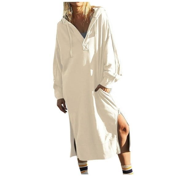 IROINNID Long Sleeve Dress for Women Long Sleeve Solid Ladies Zip Tops Pocket Blouse Hooded Sweatshirts Hooded Dress Reduced,Khaki