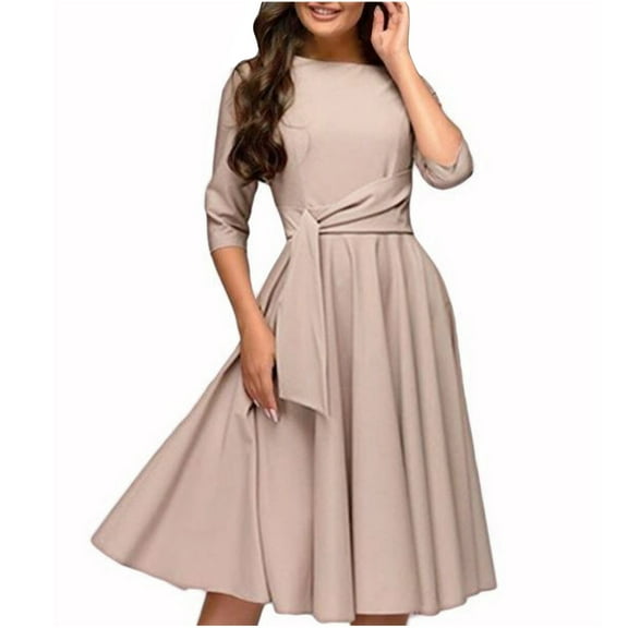 IROINNID Long Sleeve Dress for Women Long Sleeve Waist in Round Neck Ladies Tops dress ,Beige