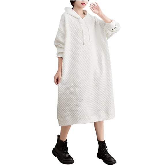 IROINNID Long Sleeve Dress for Women Loose Fitting Solid Color Hooded Dress able and Versatile Mid Length Dress Hooded Dress ,White