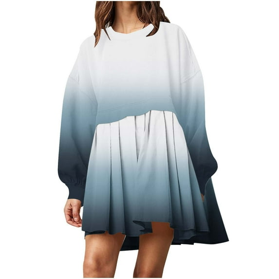IROINNID Long Sleeve Dress for Women Loose Round Neck Long Sleeve Comfy Printing Dresses Deals,Light Blue