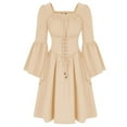 thumbnail image 1 of IROINNID Long Sleeve Dress for Women Medieval Retro Patchwork Long Sleeve Elastic Waist Short Dresses,Beige, 1 of 3