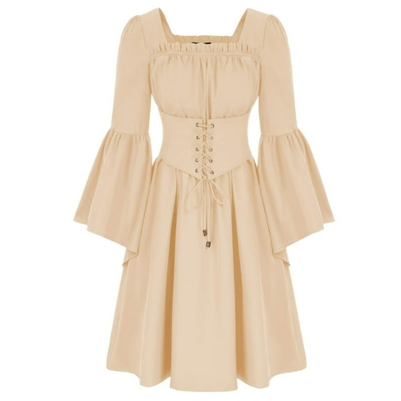 IROINNID Long Sleeve Dress for Women Medieval Retro Patchwork Long Sleeve Elastic Waist Short Dresses,Beige
