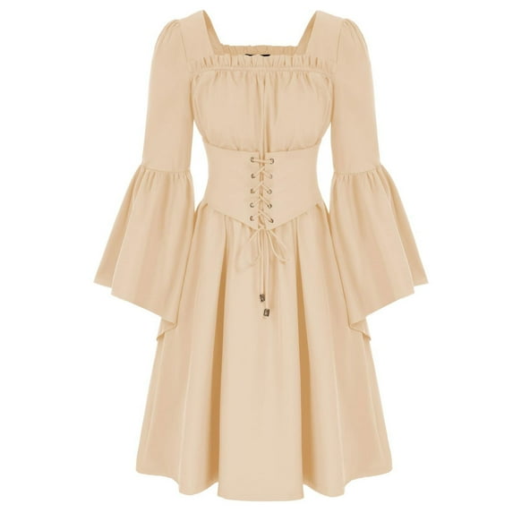 IROINNID Long Sleeve Dress for Women Medieval Retro Patchwork Long Sleeve Elastic Waist Short Dresses,Beige