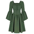 thumbnail image 1 of IROINNID Long Sleeve Dress for Women Medieval Retro Patchwork Long Sleeve Elastic Waist Short Dresses,Olive Green, 1 of 6