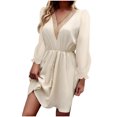 thumbnail image 1 of IROINNID Long Sleeve Dress for Women Mid-Length Empire Dress Long Sleeve Solid Color V-Neck Short Skirt Dress,Beige, 1 of 8