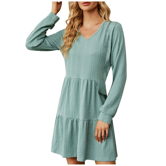 IROINNID Long Sleeve Dress for Women Mid-Length Fit&Flare Dress New Color V-Neck Splicing Long Sleeve Loose Dress A-Line Skirt,Green