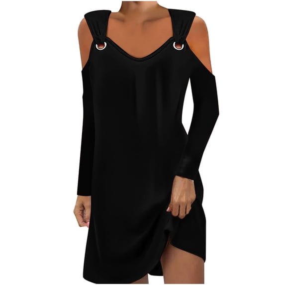IROINNID Long Sleeve Dress for Women Mid-Length Fit&Flare Dress V-Neck Cold Shoulder Long Sleeve Button Metal Buckle Solid Dresses,Black