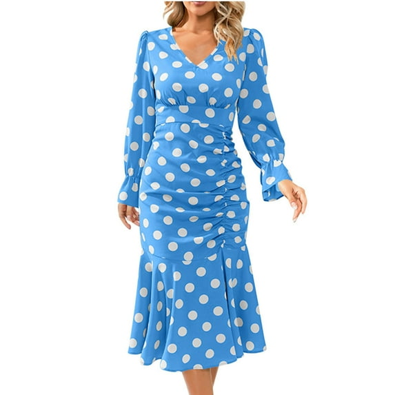 IROINNID Long Sleeve Dress for Women Mid-Length Sheath Dress V Neck Long Sleeve Polka Dots Printing Dresses,Blue