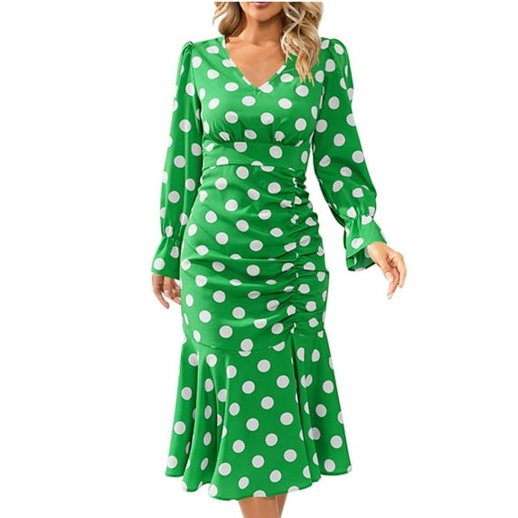 IROINNID Long Sleeve Dress for Women Mid-Length Sheath Dress V Neck Long Sleeve Polka Dots Printing Dresses,Green