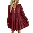 thumbnail image 1 of IROINNID Long Sleeve Dress for Women Notched Neck Button Solid Color Lantern Sleeve Ruffle A Line Dress Sales,Burgundy, 1 of 7
