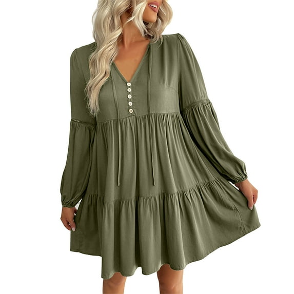 IROINNID Long Sleeve Dress for Women Notched Neck Button Solid Color Lantern Sleeve Ruffle A Line Dress Sales,Olive Green