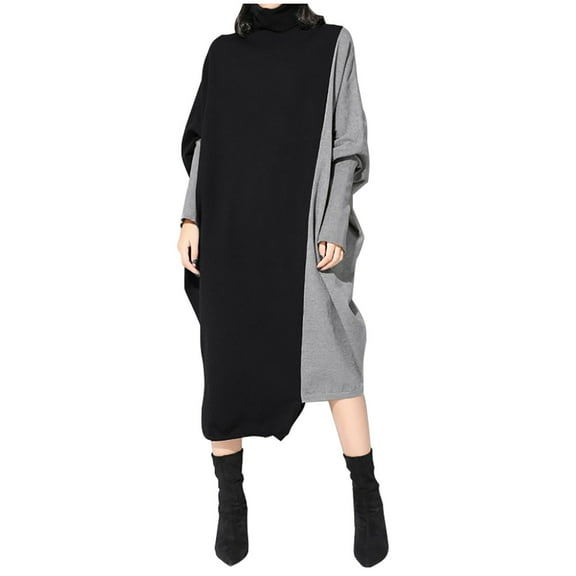 IROINNID Long Sleeve Dress for Women Patchwork Knitted Medium Length Dress Long Sleeved High Neck Dress Long Sleeved Round Neck Dress,Gray
