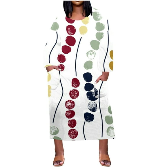 IROINNID Long Sleeve Dress for Women Plus Size Dress For Round-Neck Sundresses Pocket Knee Long Sleeve with Pockets ,White