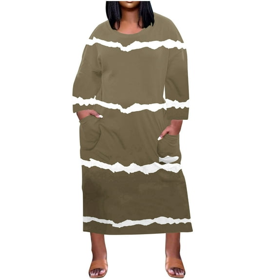 IROINNID Long Sleeve Dress for Women Plus Size Dress For Round-Neck Sundresses Pocket Knee Long Sleeve with Pockets Savings,Brown